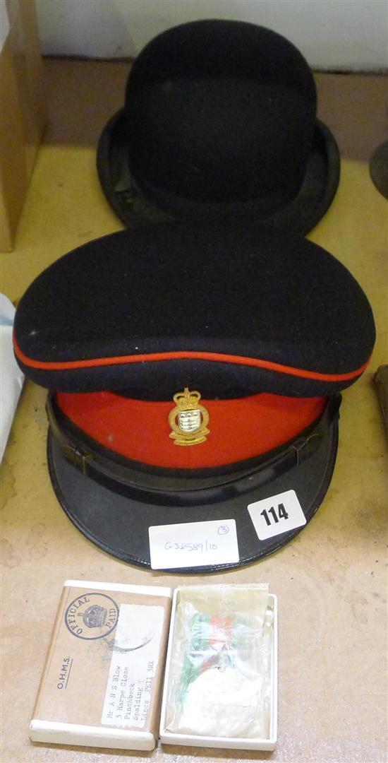 Bowler hat, military hat & medal